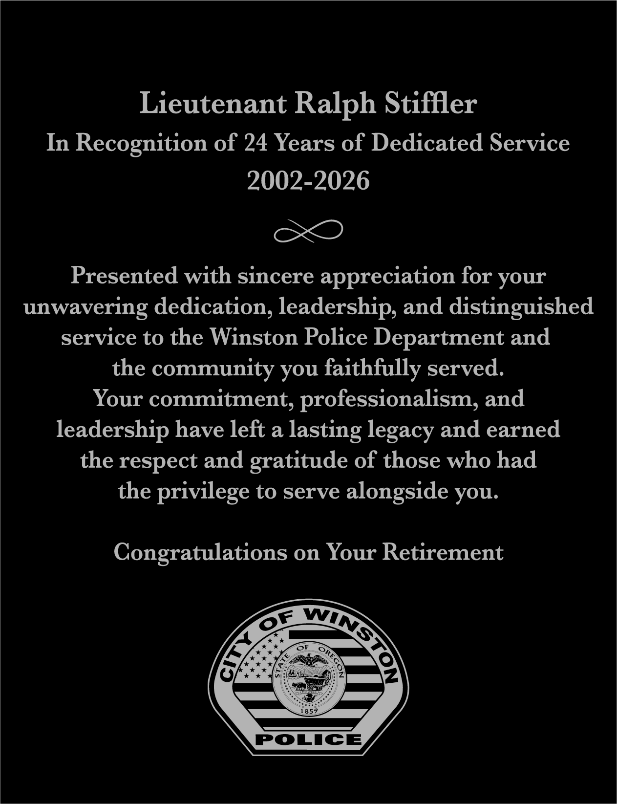 Winston Police Retirement Plaque 10x13 Double Layer Plaque - FPG21113
