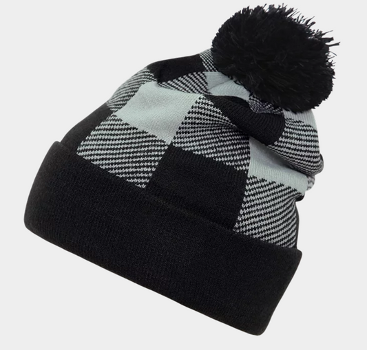DC CO-OP Leather Patch Plaid Pom Pom Beanie