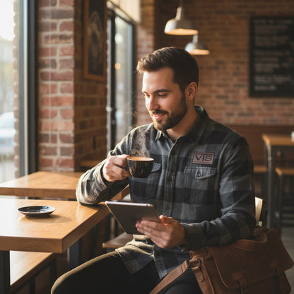 Valley Tel Flannel Shirt with Leather Patch - Charcoal/Black 8210