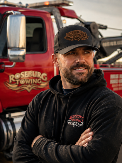 Roseburg Towing Engraved Leather Patch Hat | Flexfit Delta Cap FF | Tribal Logo