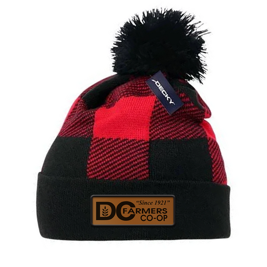 DC CO-OP Leather Patch Plaid Pom Pom Beanie