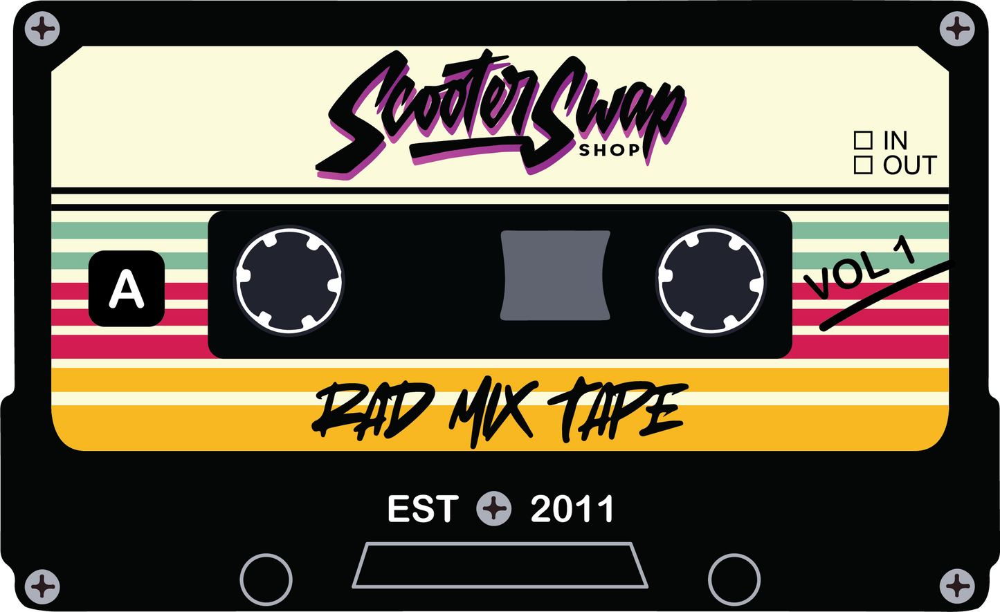 Scooter Swap Shop Mix Tape Die Cut Decals 3.5x2