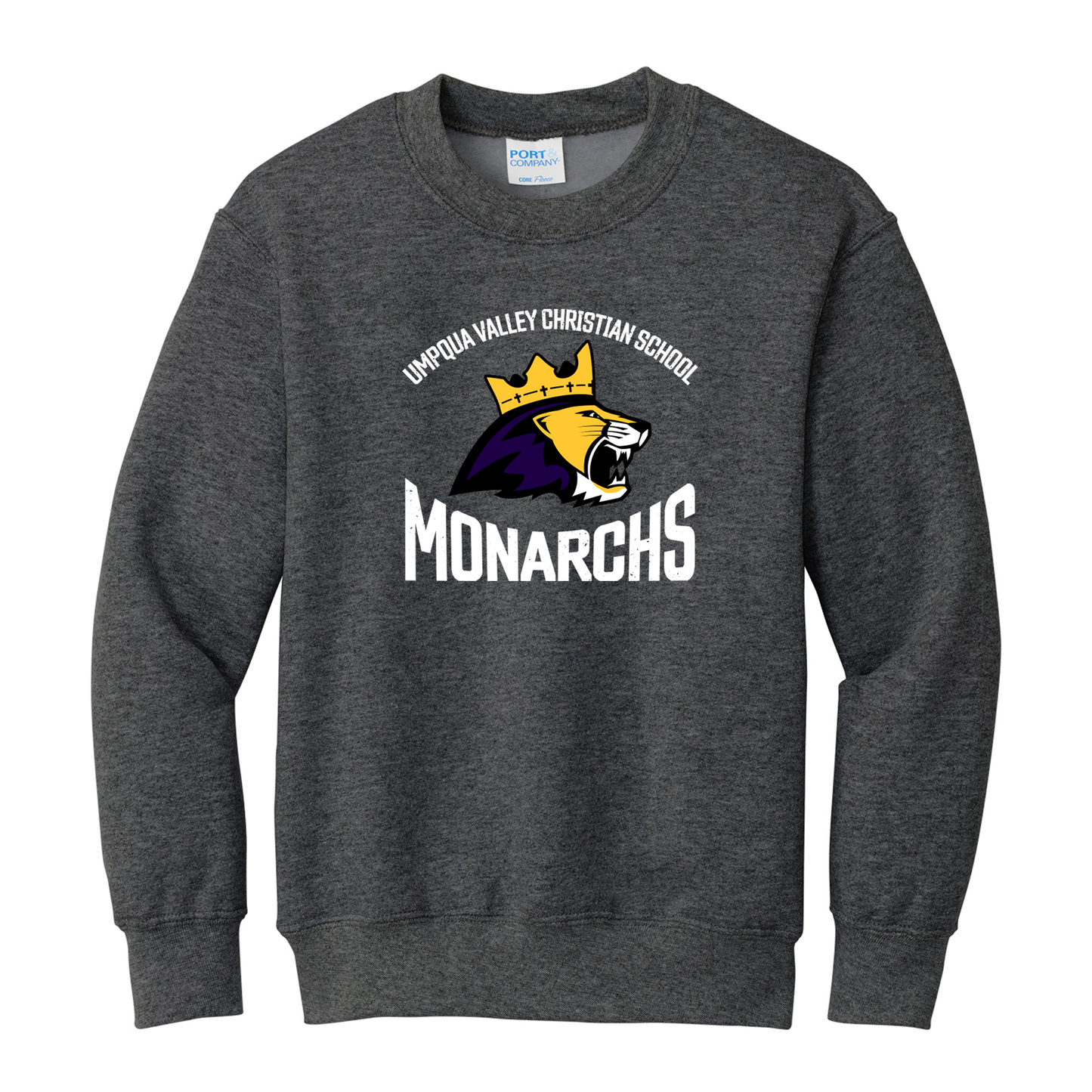 Umpqua Valley Christian School Lion Printed Youth Crewneck - Dark Heather Grey PC90Y