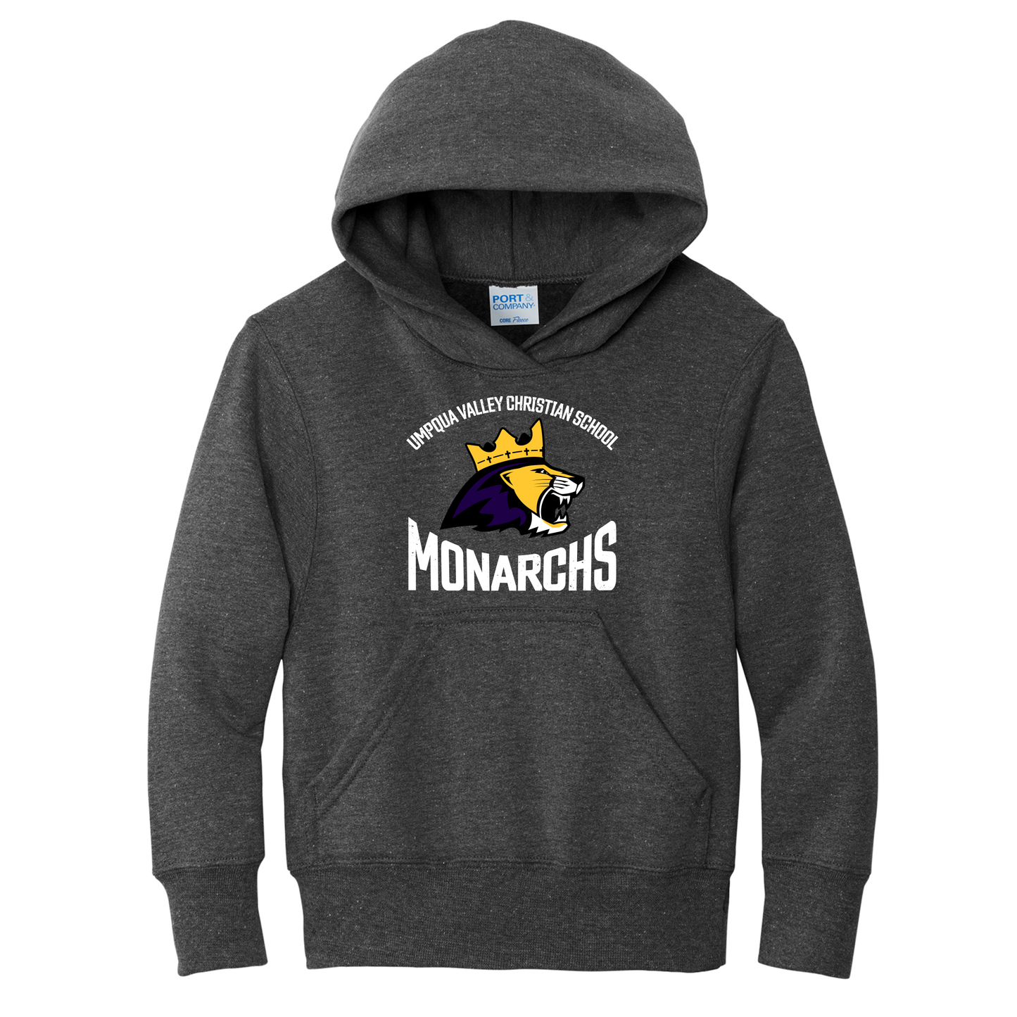 Umpqua Valley Christian School Lion Printed Youth Hoodie - Dark Heather Grey PC90YH