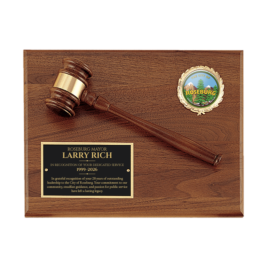 Roseburg Mayor Larry Rich Walnut Gavel Recognition Plaque with City Seal Coin