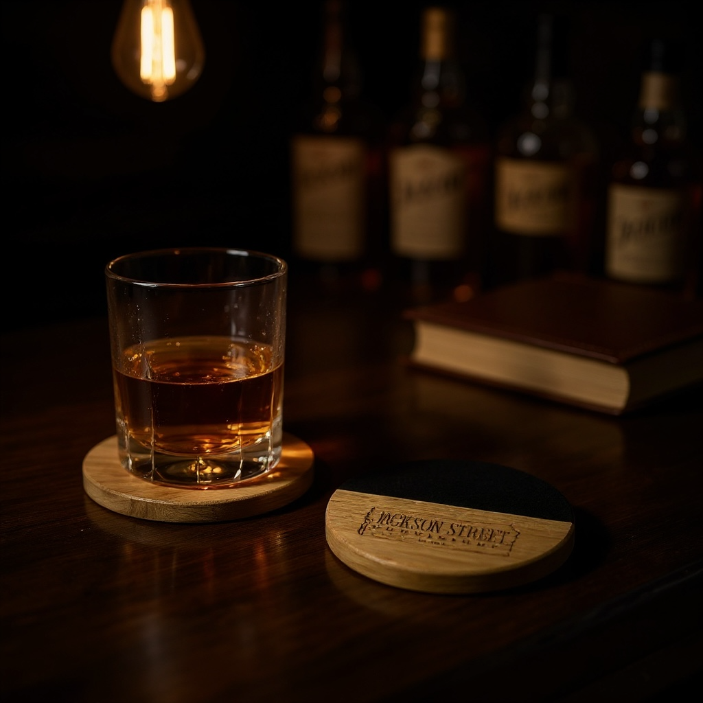 Jackson Street Provision Engraved 4in Wood & Slate Coaster