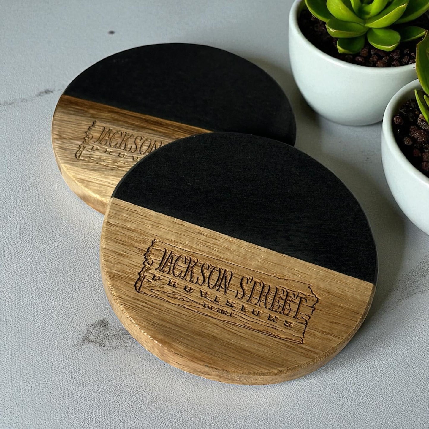 Jackson Street Provision Engraved 4in Wood & Slate Coaster