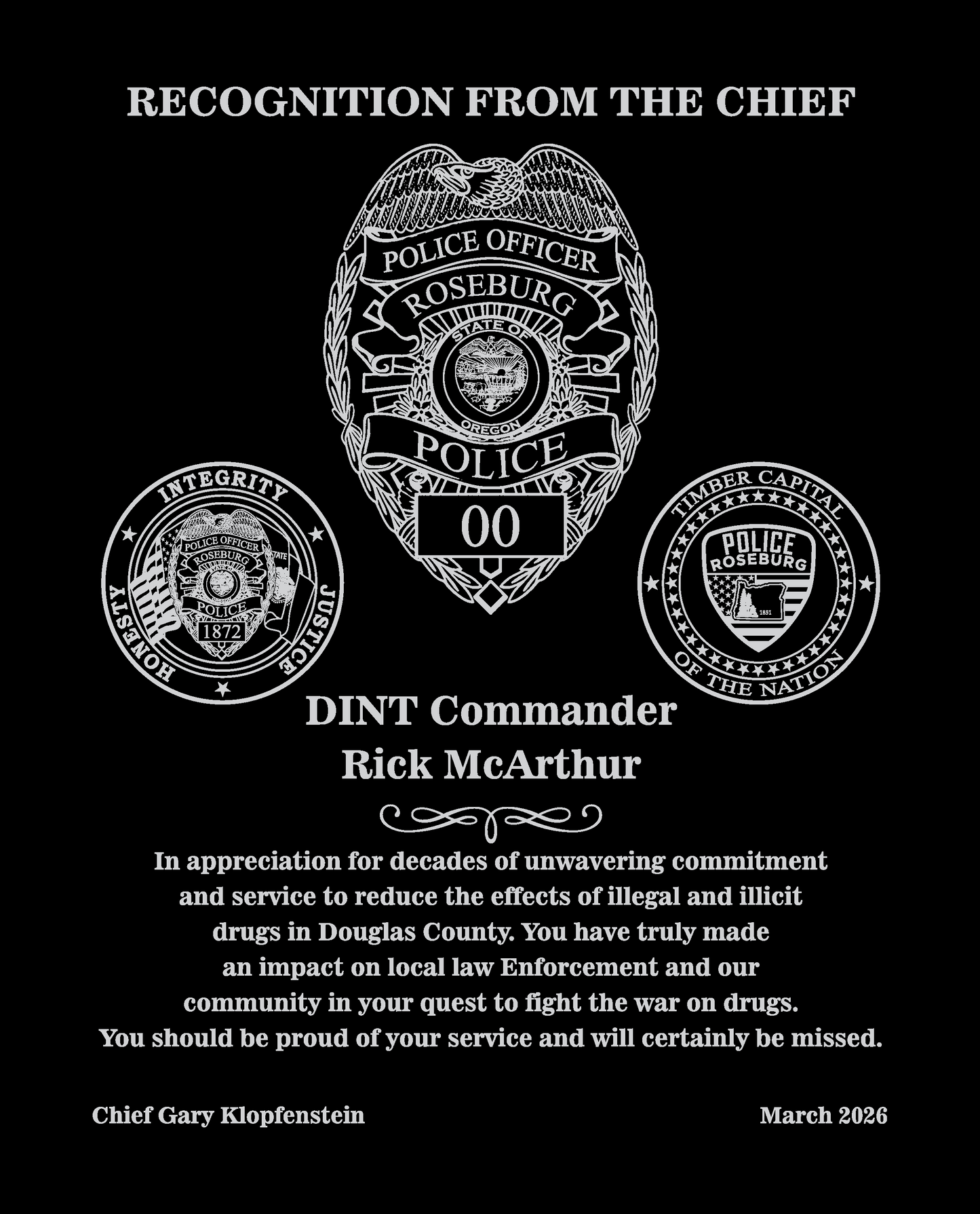 Roseburg Police Dint Plaque 8x10 Black - GMR810BK
